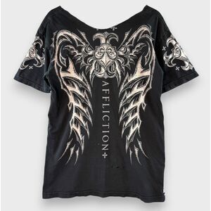 Y2K Black Affliction Graphic T-Shirt Crucifix Detail White Stitching Goth Sz L